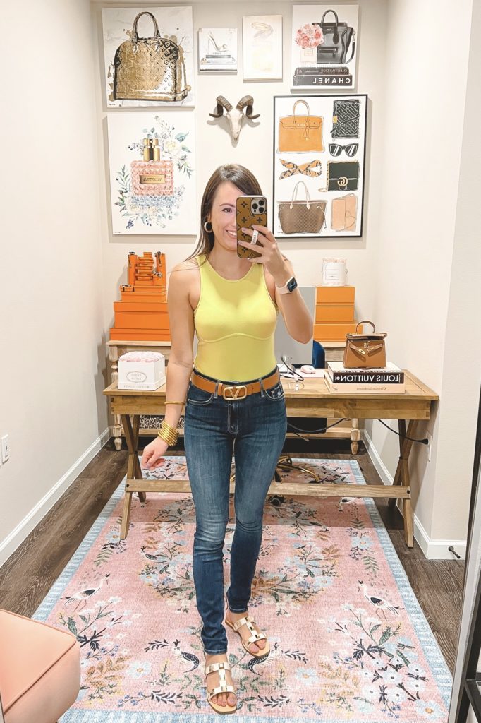 amazon lime bodysuit with mother skinny jeans and valentino belt dupe