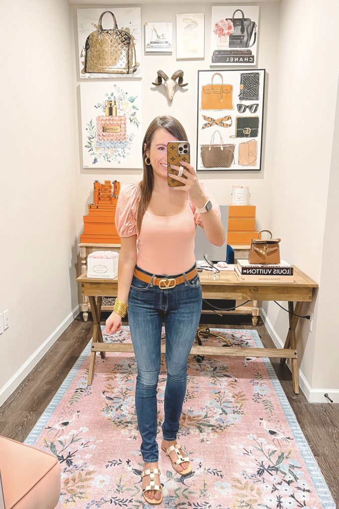 amazon pink puff sleeve bodysuit with mother skinny jeans and valentino belt dupe