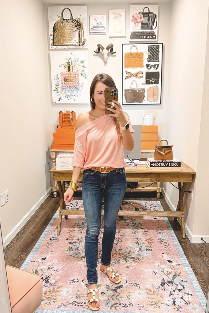 amazon pink off the shoulder tee with mother skinny jeans and valentino belt dupe