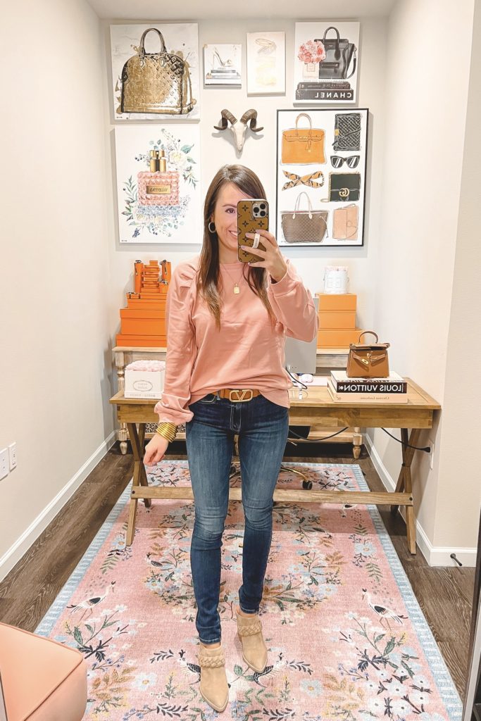 amazon pink puff sleeve sweatshirt with mother skinny jeans and mules