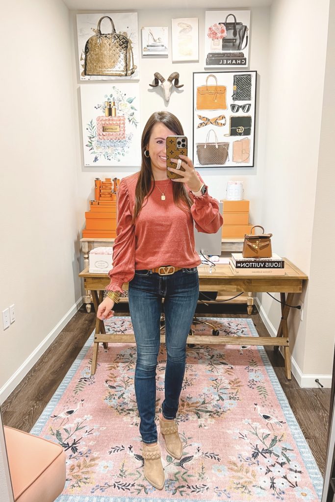 amazon red puff sleeve sweatshirt with mother skinny jeans and mules
