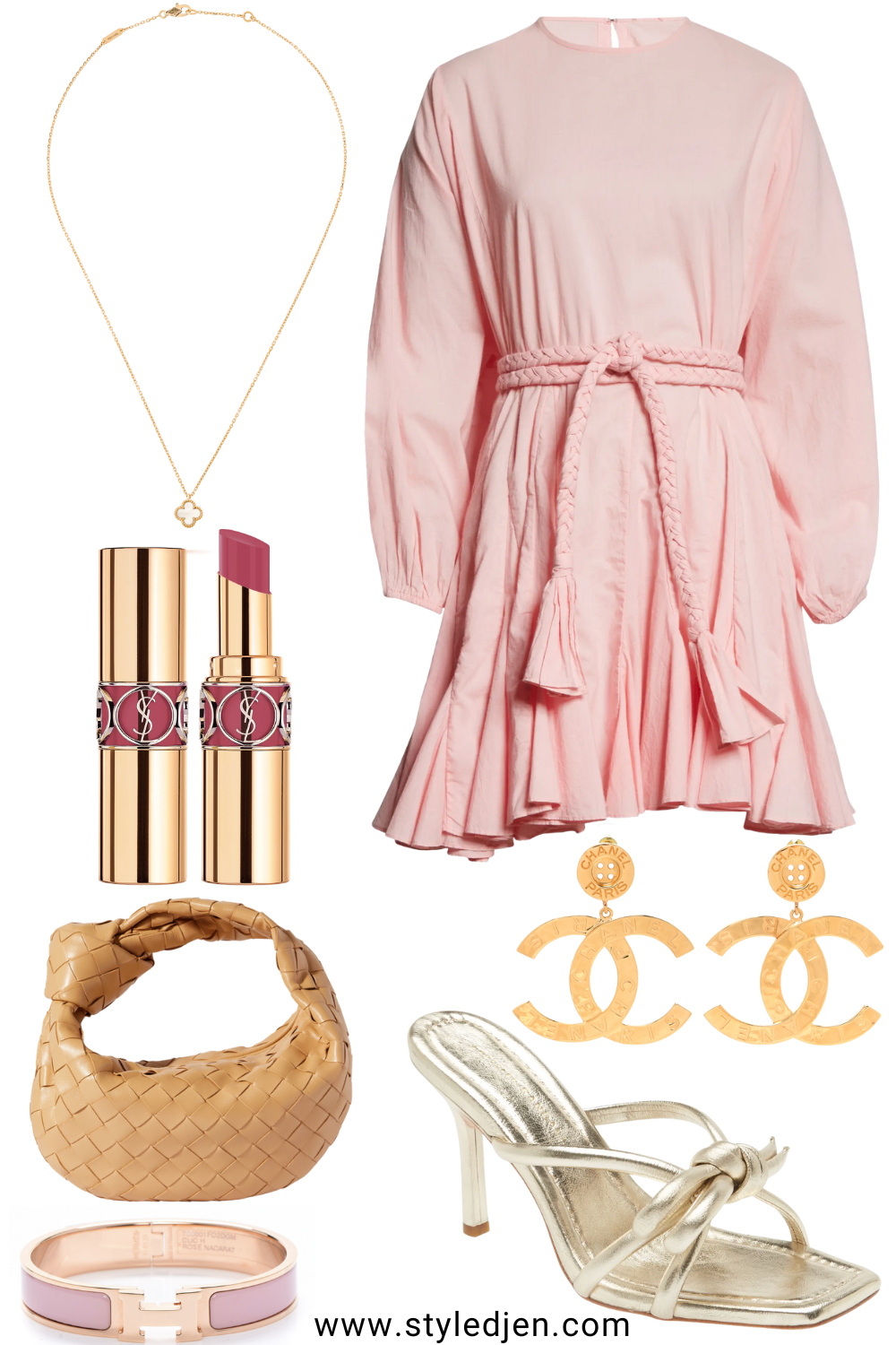 Rhode ella dress candy pink with loeffler randall bow heels and chanel earrings