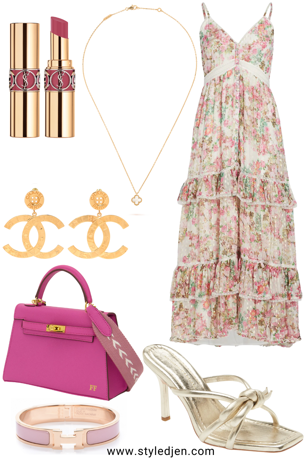 Rococo sand vie tiered maxi dress with with loeffler randall bow heels and chanel earrings