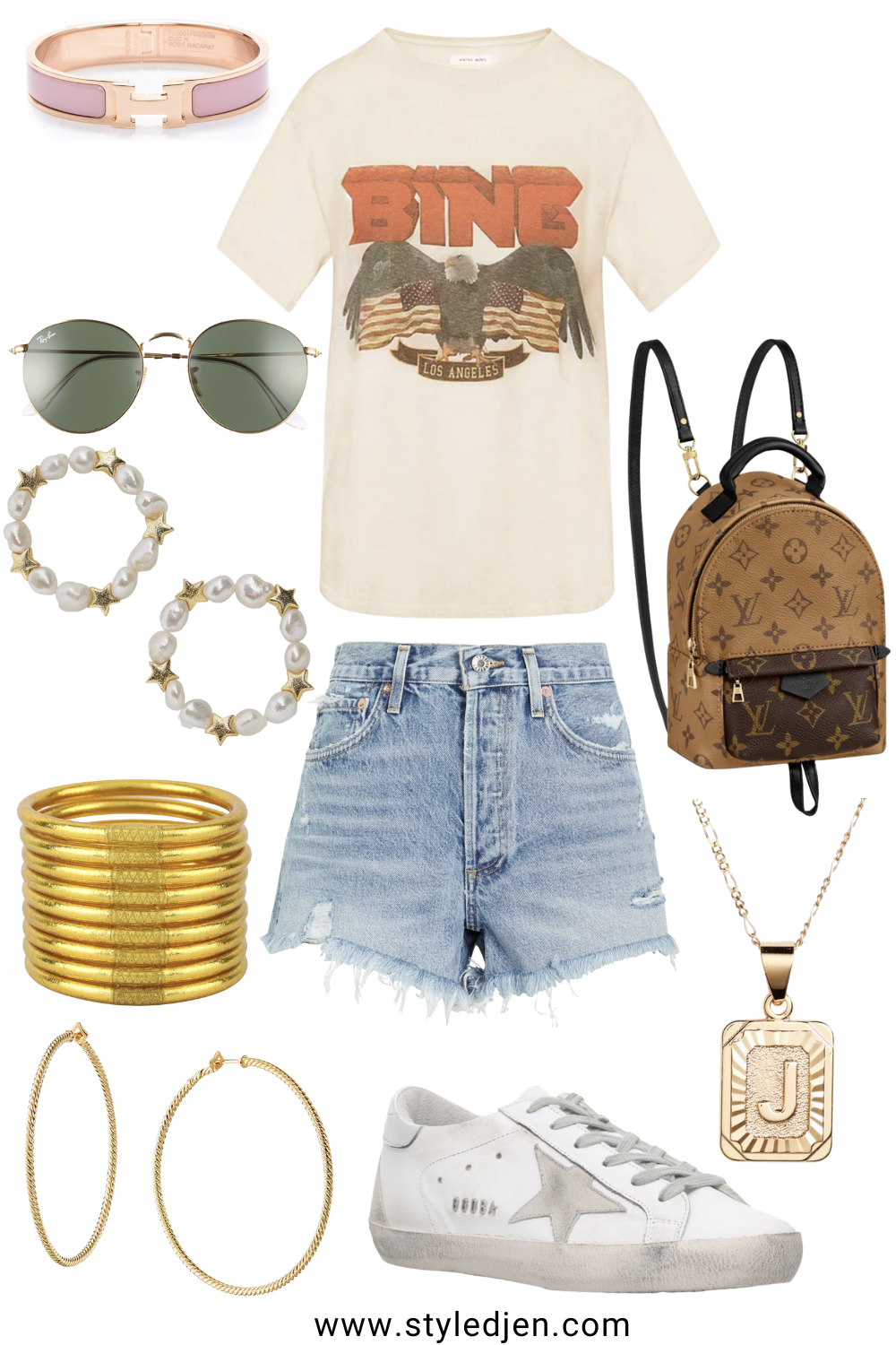 anine bing white vintage tee with agolde shorts and louis vuitton palm springs mini