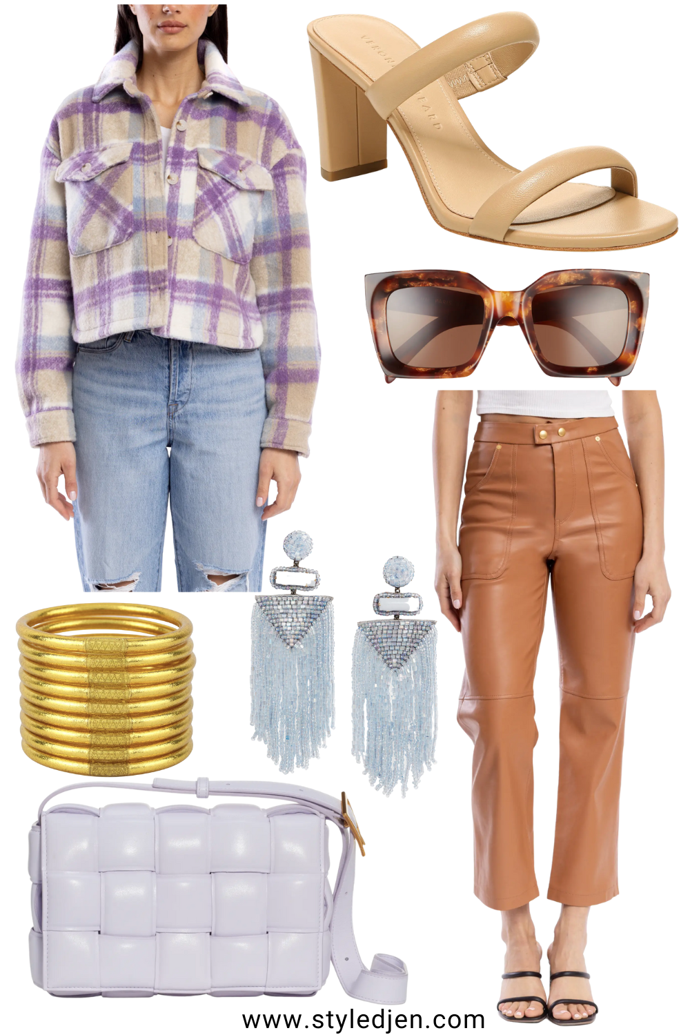 blanknyc lavender cropped plaid shacket with cognac faux leather pants and tassel earrings