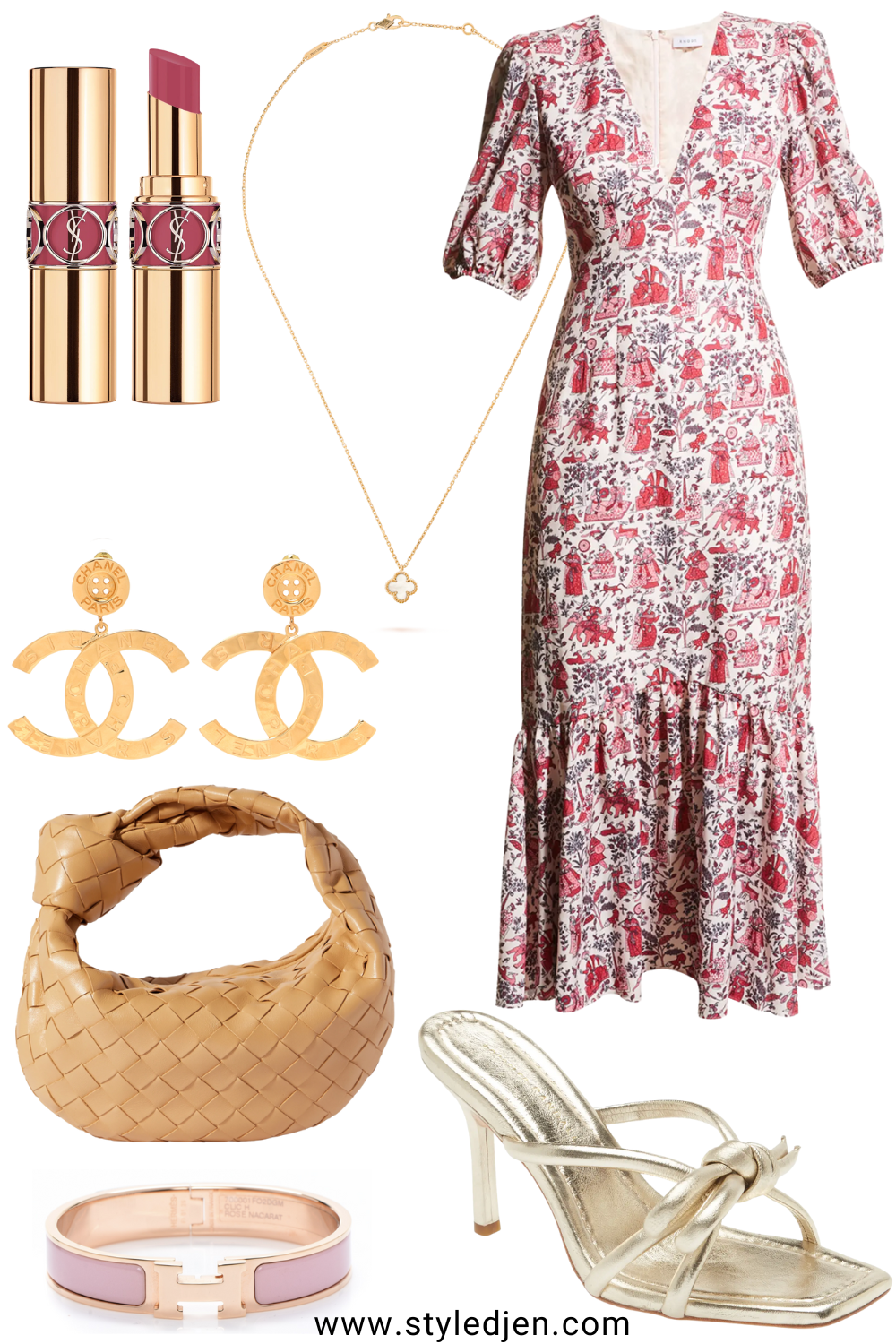 rhode ester dress with with loeffler randall bow heels and chanel earrings