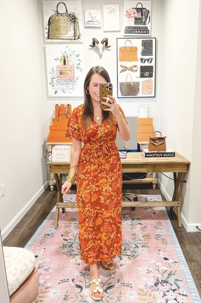 amazon boho orange maxi dress with studded sandals