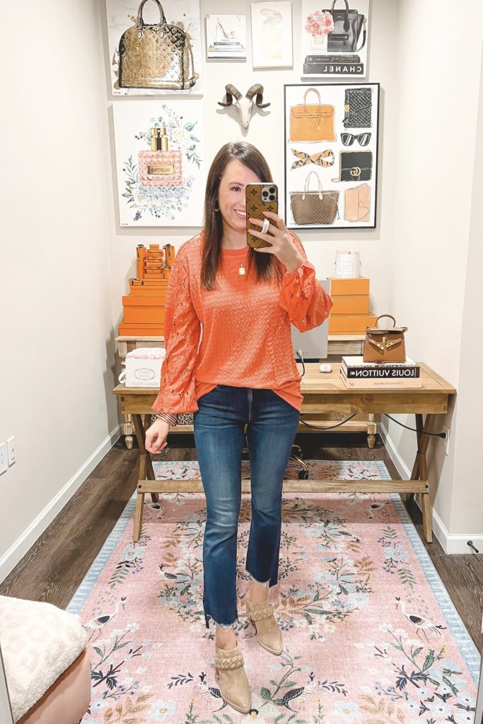 amazon coral blouse with mother insider denim and mules