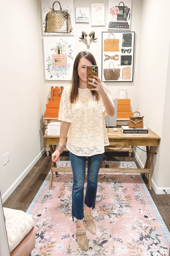 amazon cream lace short sleeve blouse with mother insider denim and mules
