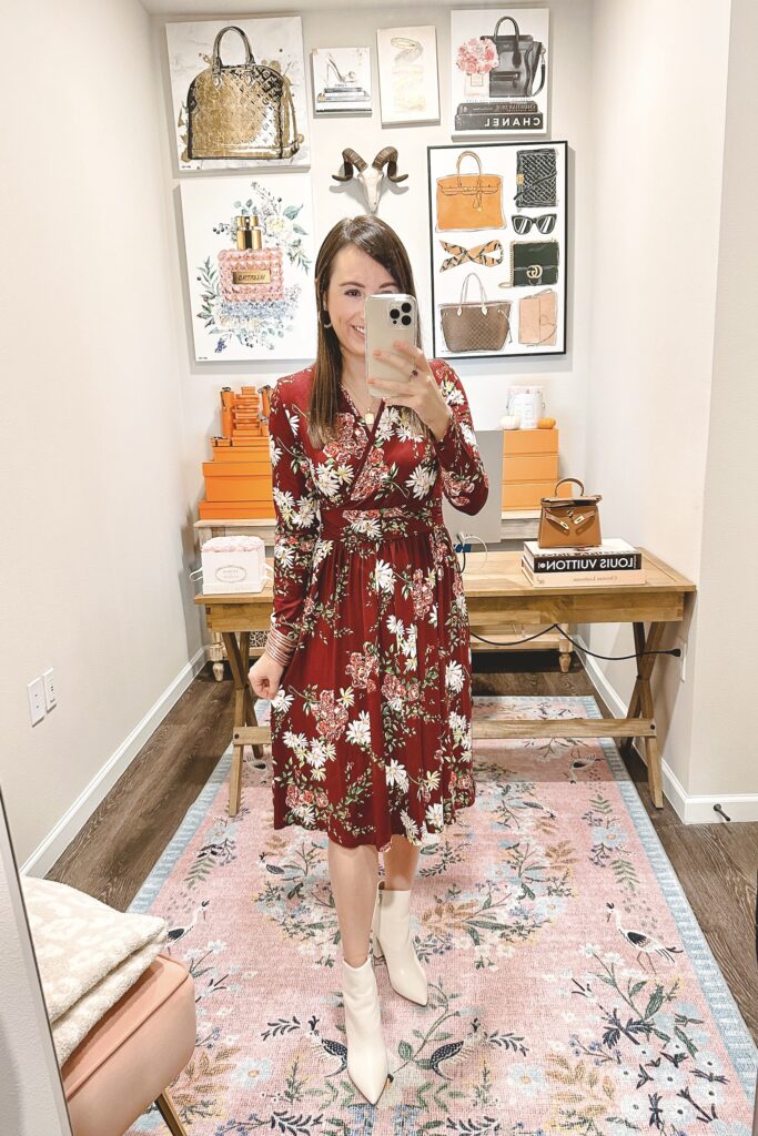 amazon burgundy red floral dress with white booties