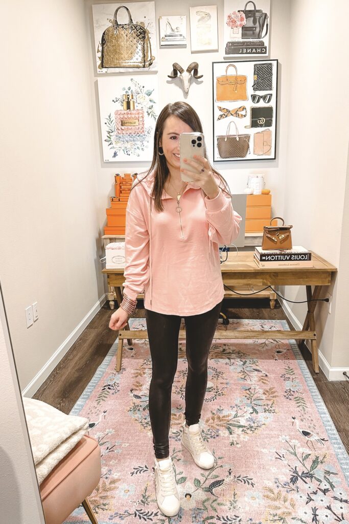 amazon pink quarter zip pullover with spanx faux leather leggings and high top sneakers