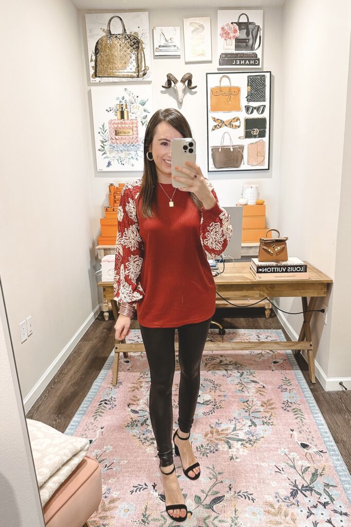 amazon red lace sleeve top with spanx faux leather leggings