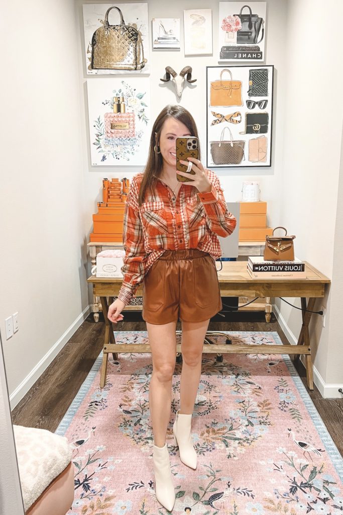 comforts of home top with cognac faux leather shorts
