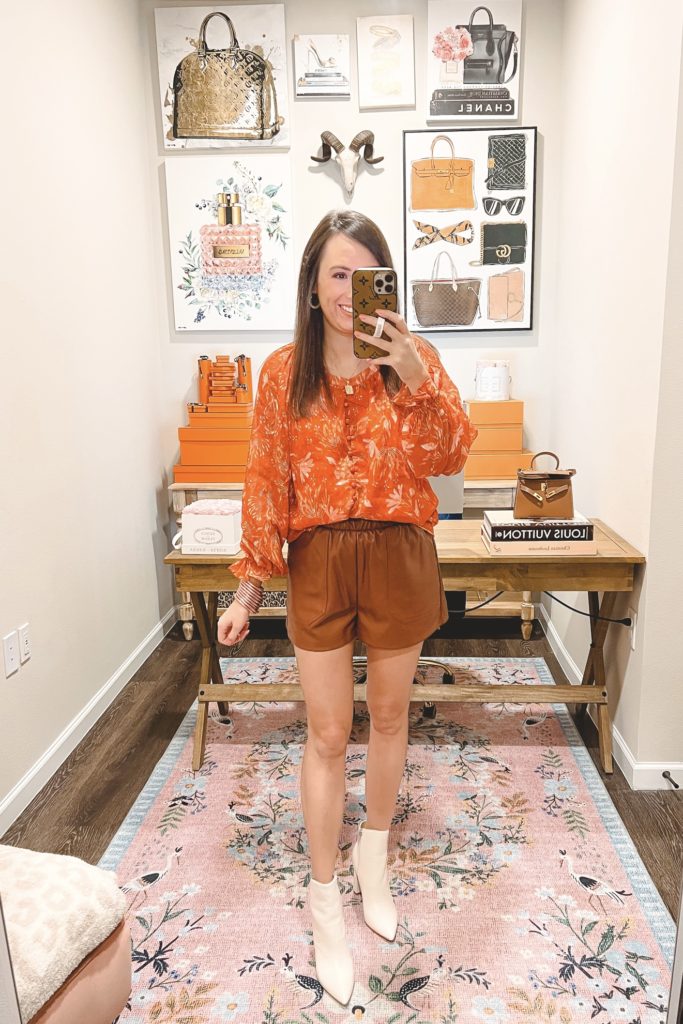 cheer me on top with cognac faux leather shorts