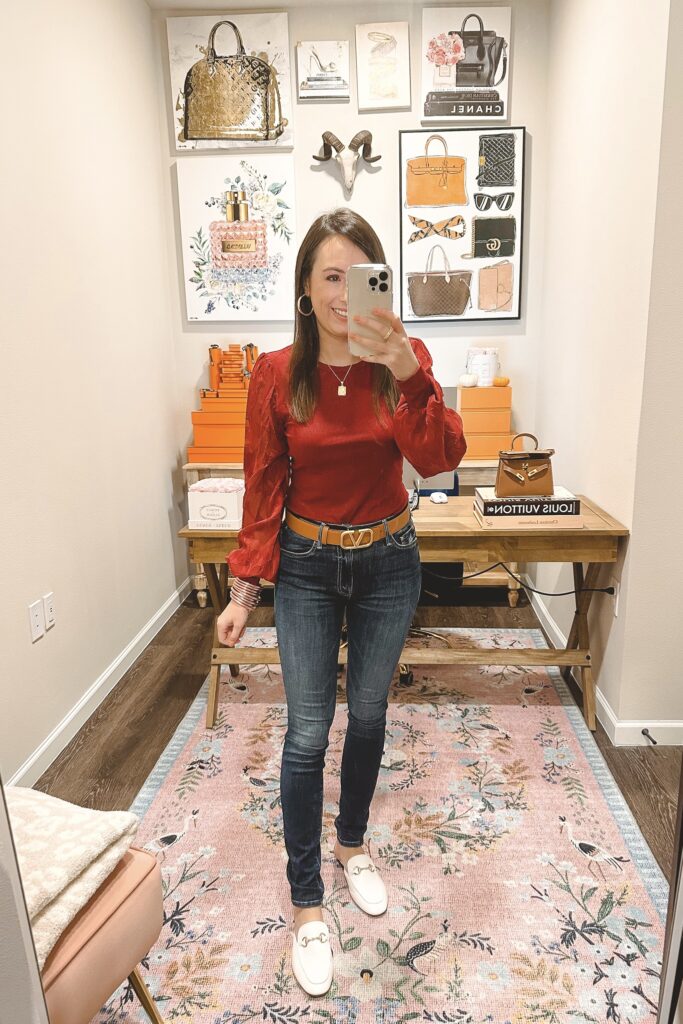Amazon red blouse with mother denim and valentino belt