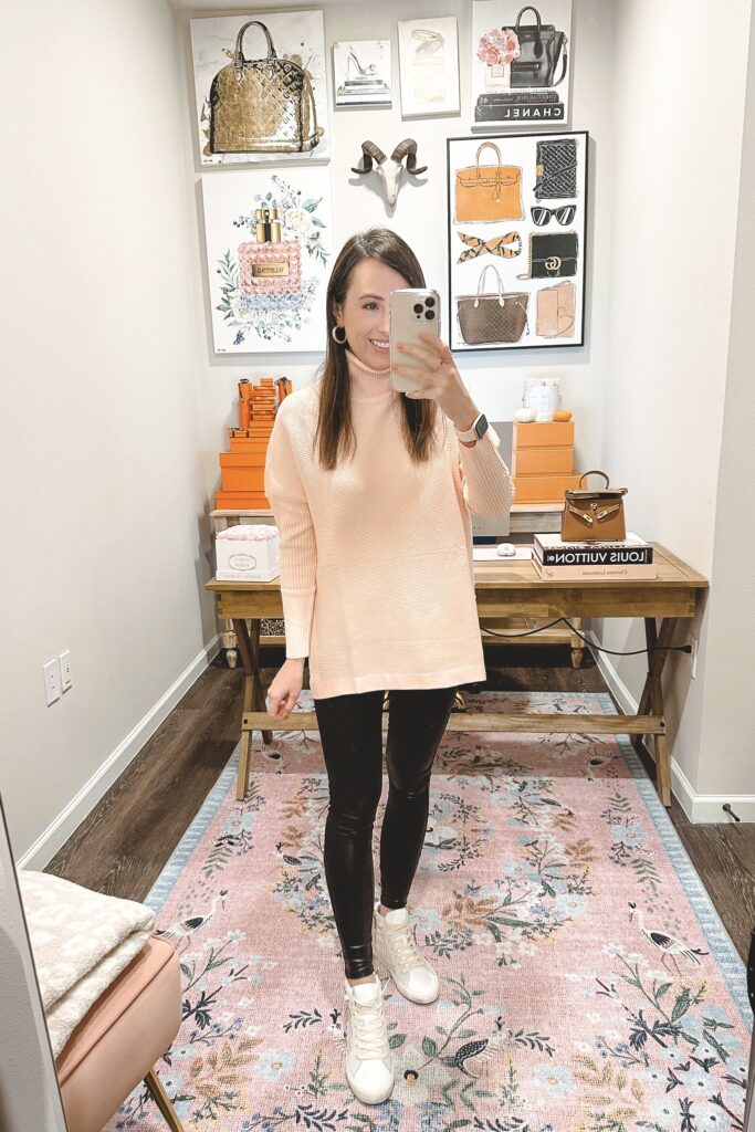 amazon light pink turtleneck sweater tunic with spanx faux leather leggings and high top sneakers