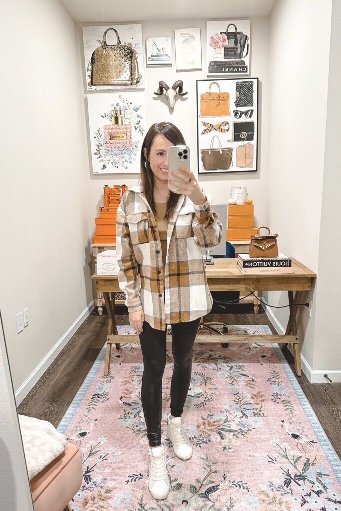 amazon brown plaid shacket with faux leather leggings and high top sneakers