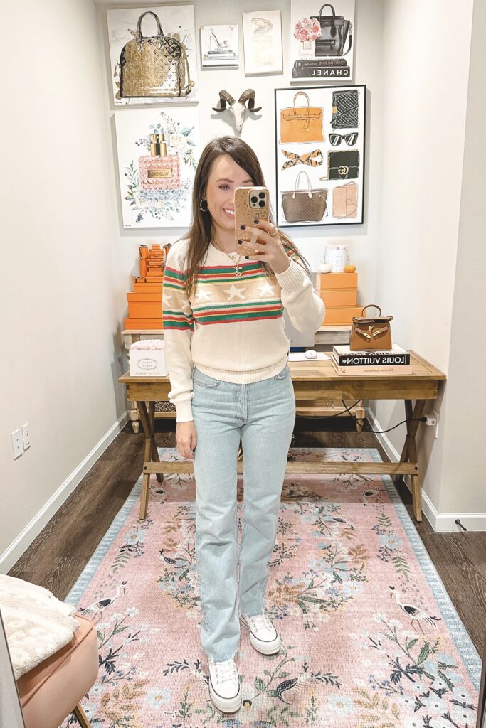 chaser stars stripe sweater with agolde 90s pinch waist denim and converse all stars