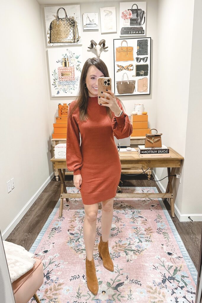 amazon rust mock neck sweater dress with cognac ankle booties