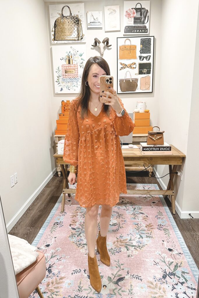 amazon rust swiss dot dress with cognac ankle booties