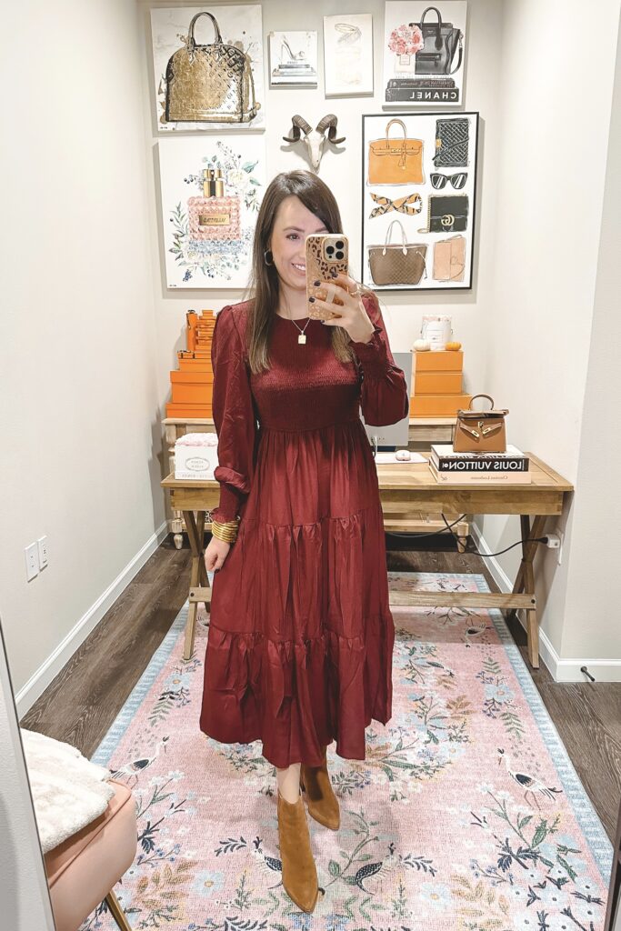 amazon wine red midi dress with cognac ankle booties