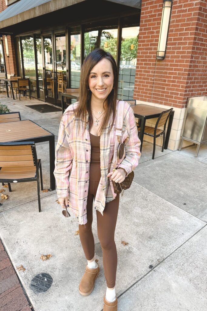 Lululemon align leggings java with pink plaid flannel and ugg ultra mini boots
