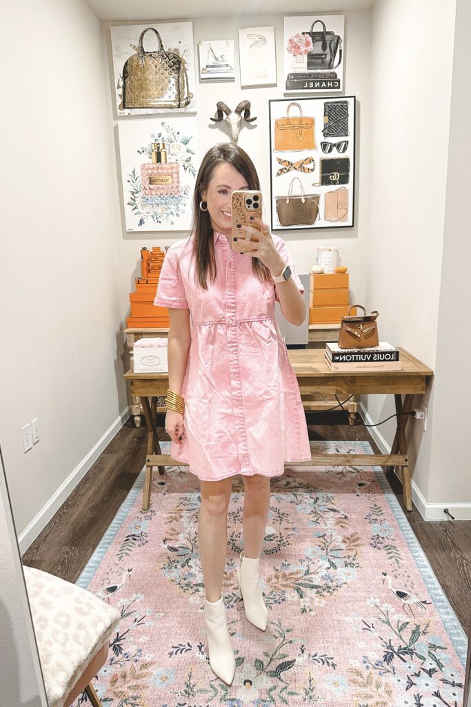 amazon pink denim short sleeve dress with white booties