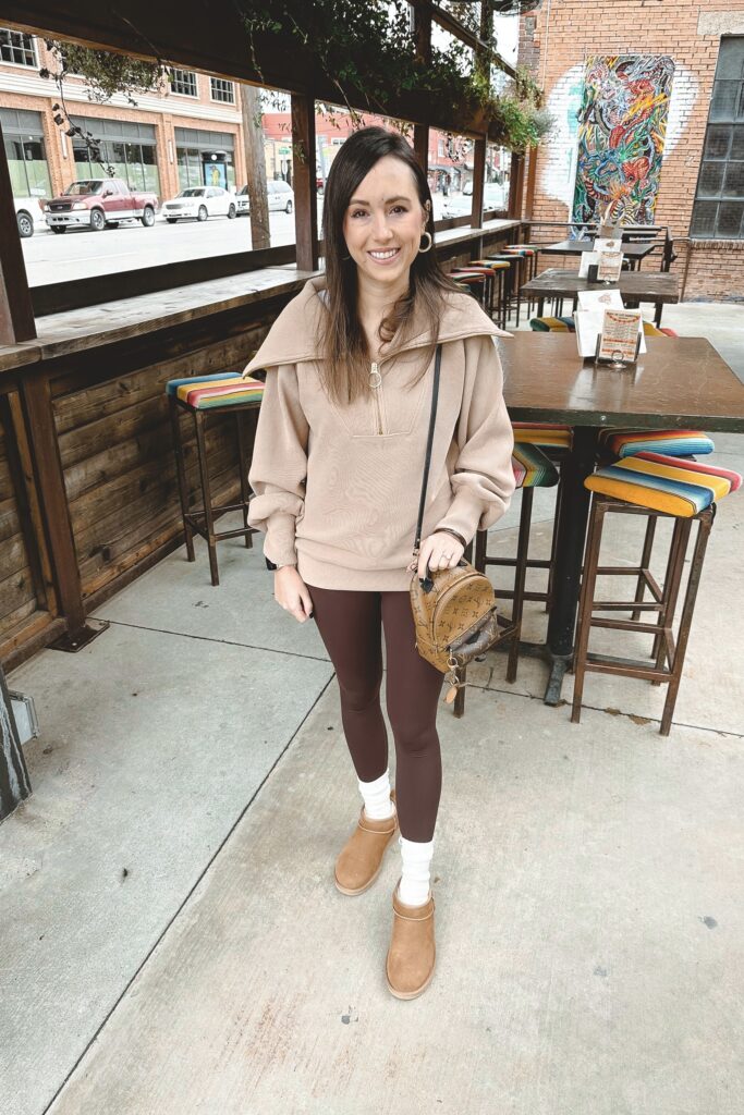 varley vine pullover with brown leggings and ugg ultra mini boots
