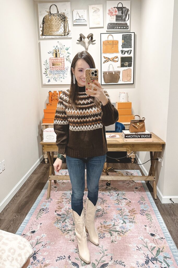 chocolate brown fair isle sweater with dark denim and white cowgirl boots