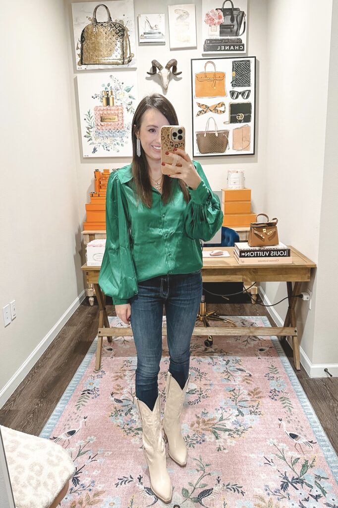 green silk blouse with dark denim and white cowgirl boots