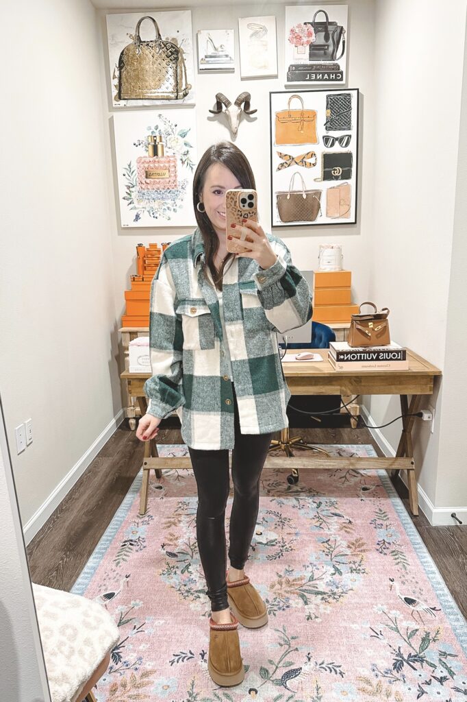 amazon green plaid shacket with spanx faux leather leggings and ugg tazz