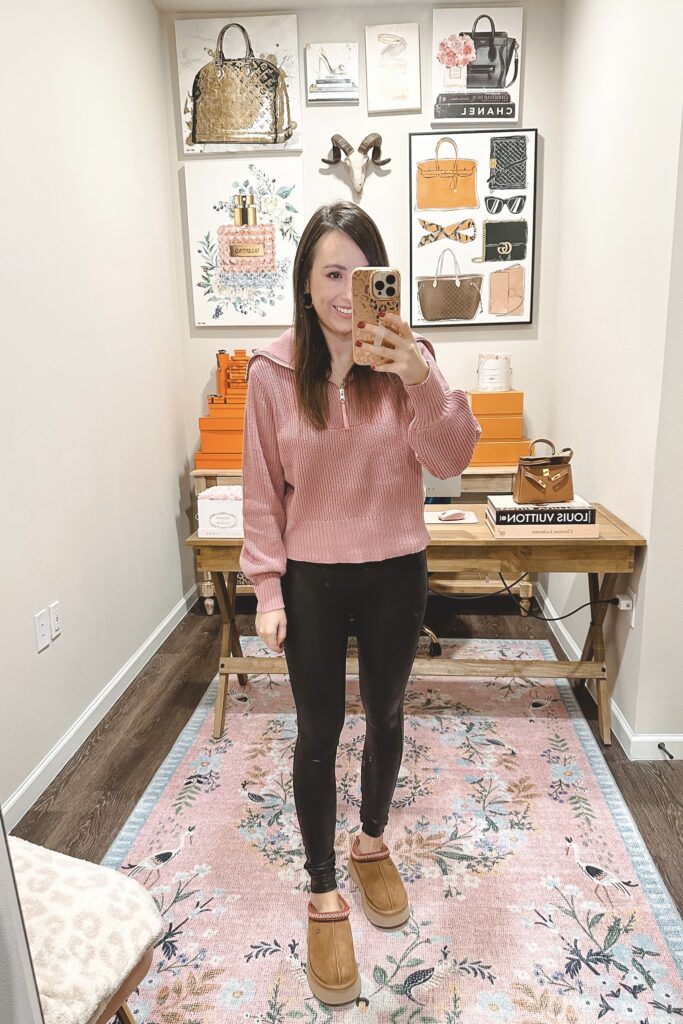 amazon pink half zip sweater with spanx faux leather leggings and ugg tazz