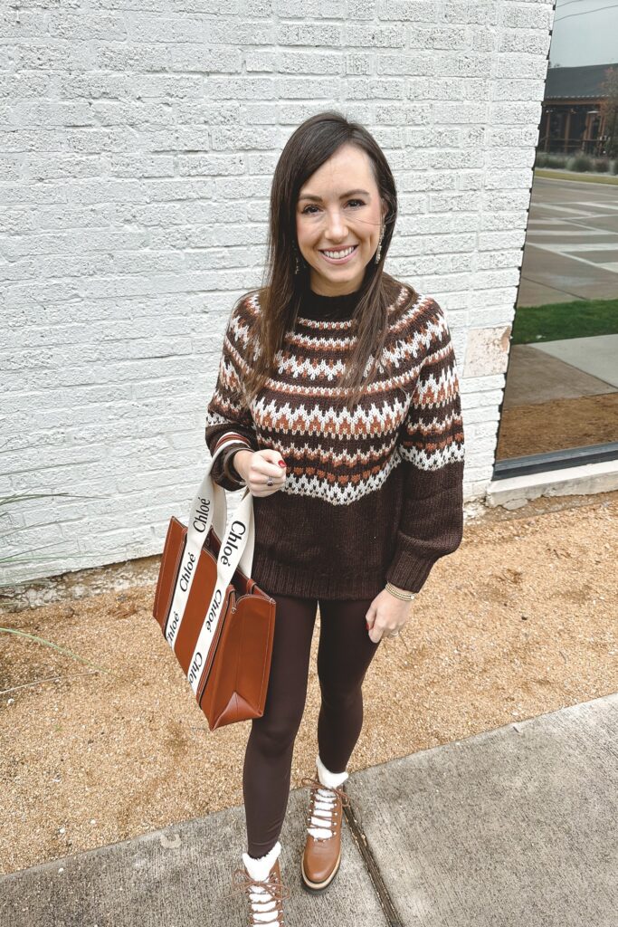 chocolate brown fair isle sweater with brown leggings and chloe tote
