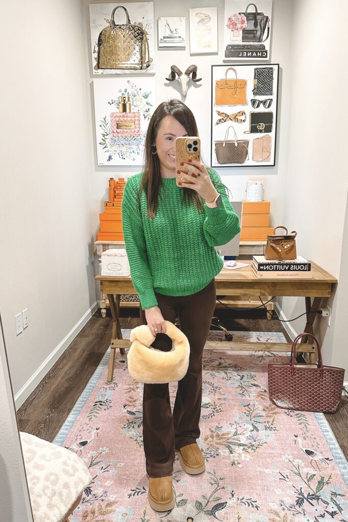 green sweater with lululemon grooves french press and ugg tazz platforms