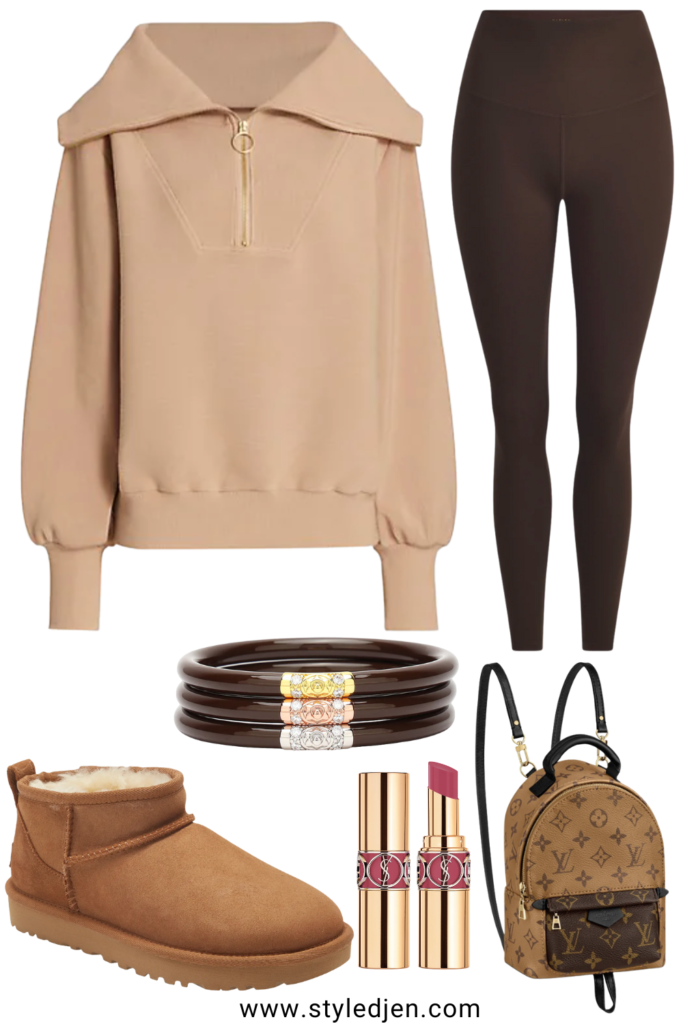 varley tan vine pullover with brown leggings and ugg ultra mini boots