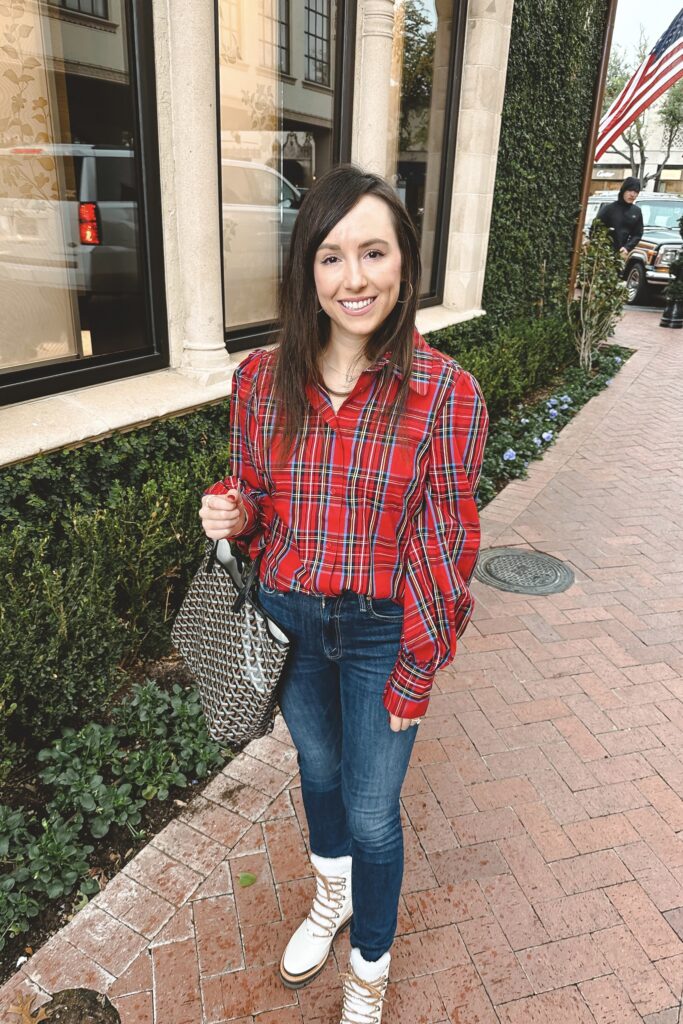 red tartan blouse with goyard tote and white boots