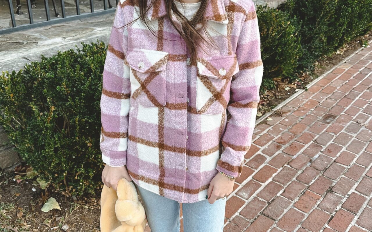 blanknyc pink plaid shacket with agolde 90s jeans and ugg ultra mini boots