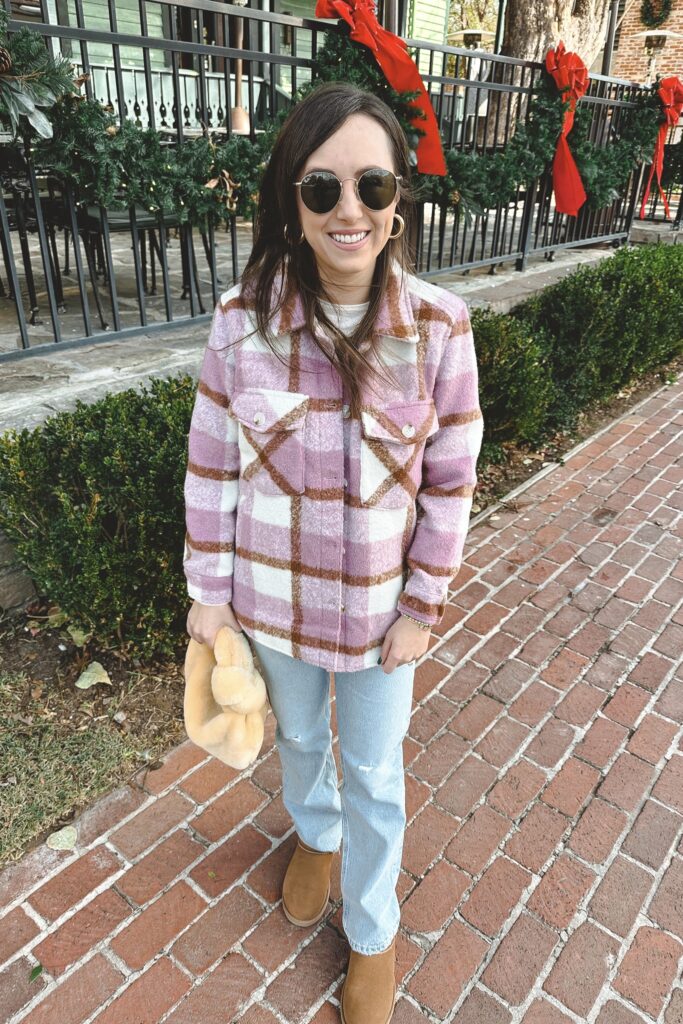 blanknyc pink plaid shacket with agolde 90s jeans and ugg ultra mini boots