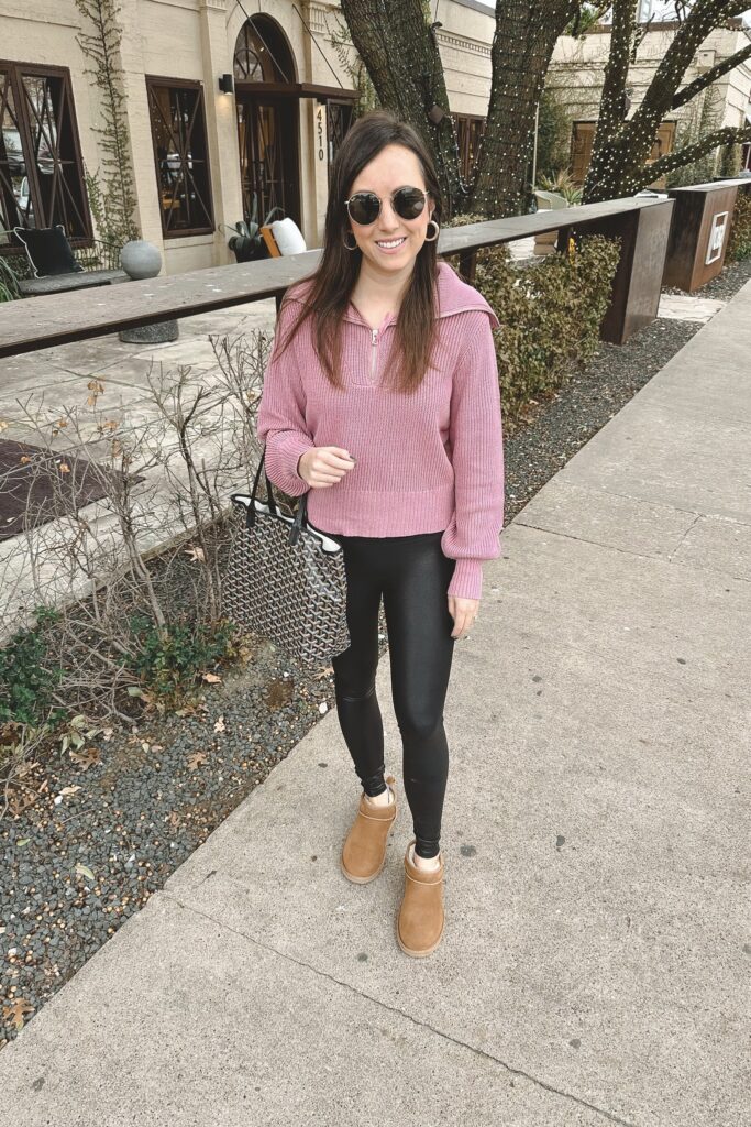 amazon pink half zip sweater with spanx faux leather leggings and ugg ultra mini boots