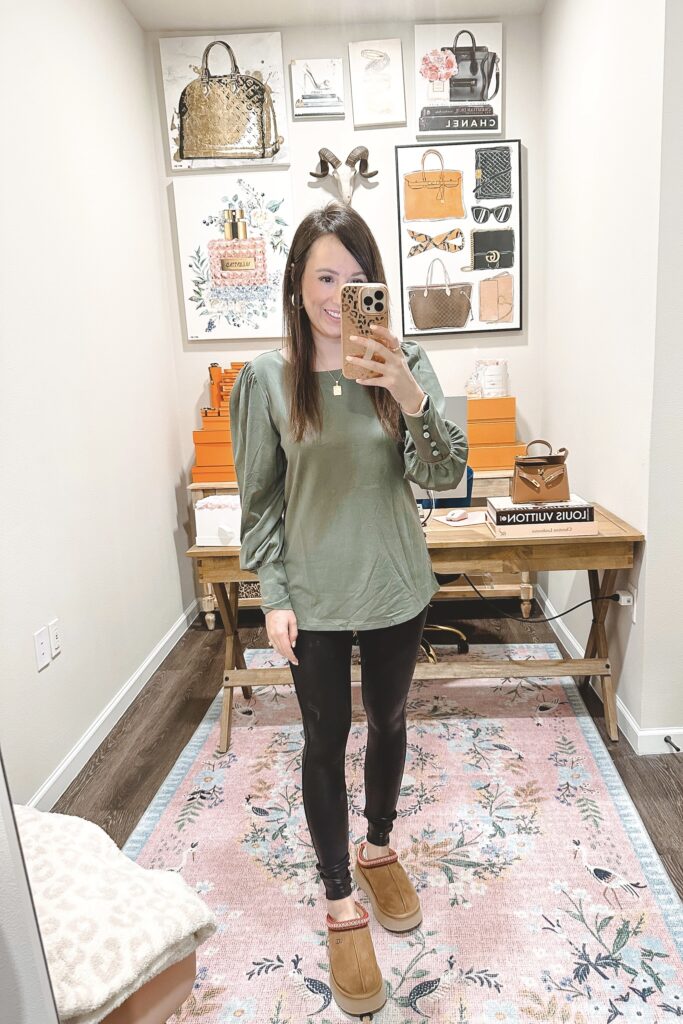 amazon green puff sleeve top with spanx leggings and ugg tazz slippers