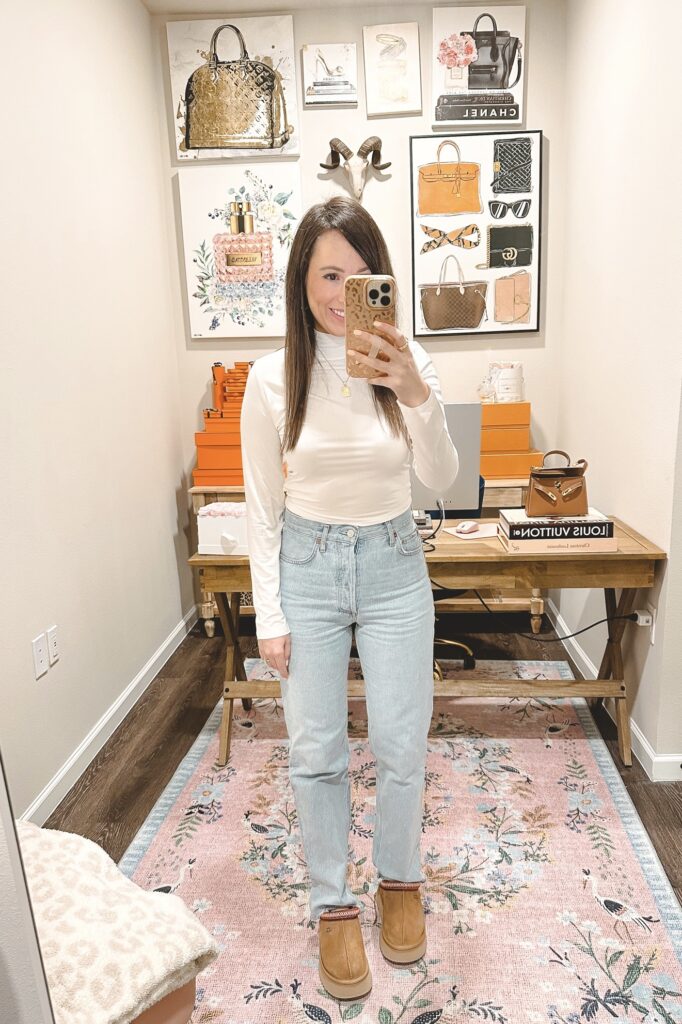amazon white mock neck crop top with agolde 90s jeans and ugg tazz slippers