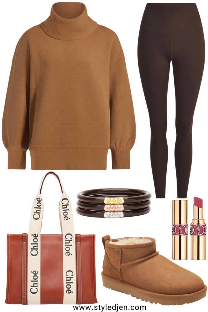Varley Milton sweater with coffee bean leggings and chloe tote