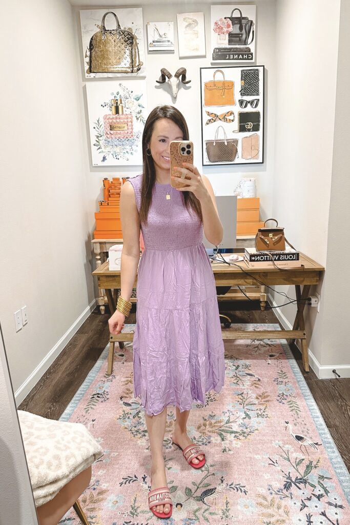 amazon lavender smocked midi dress with dior pink slides