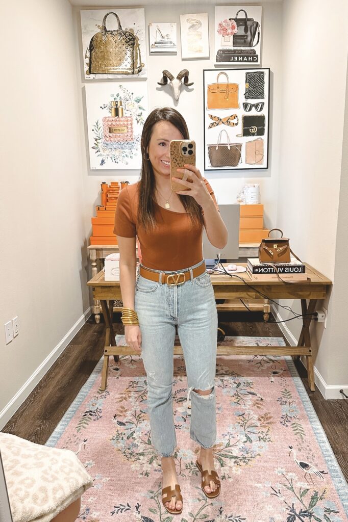 amazon brown bodysuit with agolde jeans and valentino belt