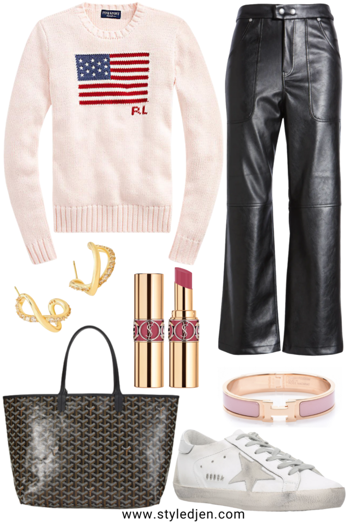 Ralph lauren pink flag sweater with black faux leather pants and golden goose sneakers