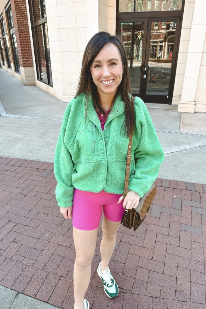 free people hit the slopes green jacket with lululemon sonic pink align shorts