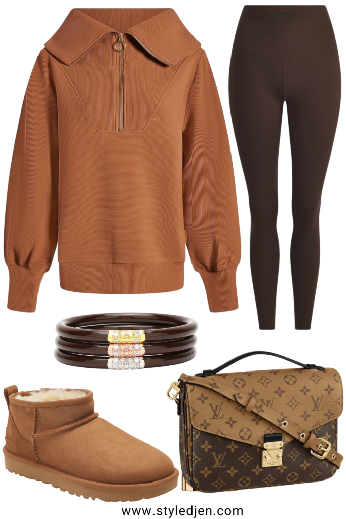 varley rye vine pullover with brown leggings and ugg ultra mini boots