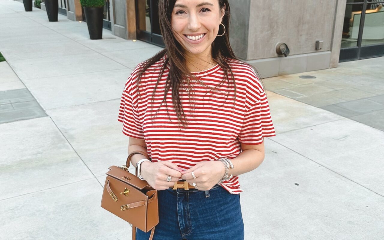 mother red stripe tee with zara marine jeans and hermes mini kelly dupe