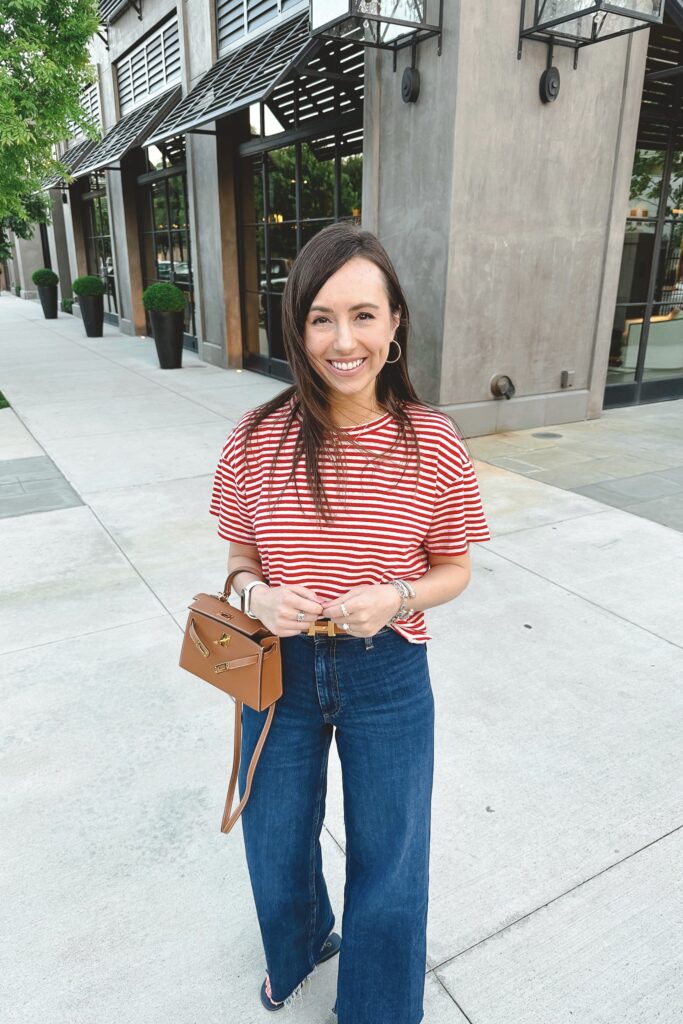 mother red stripe tee with zara marine jeans and hermes mini kelly dupe