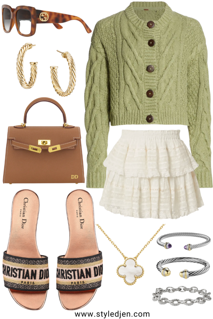 free people green bonfire cardigan with loveshackfancy ruffle skirt and dior dway sandals